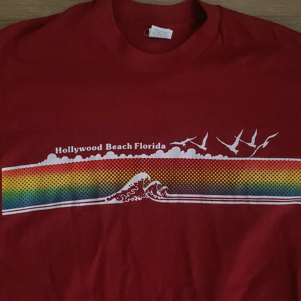 Vintage Velva Sheen T Shirt Hollywood Beach Florida 80s USA Red Mens Large